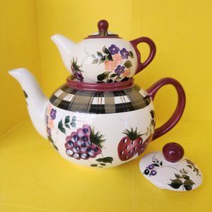 So Cute - Strawberries 5 Cup Teapot w Lid + Mini Individual Teapot w Lid Oneida